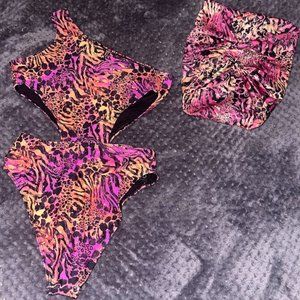 Purple Animal Print Monokini with matching Headwrap